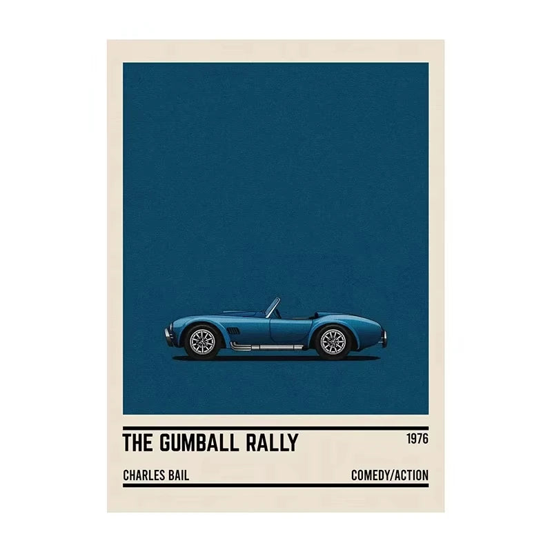 Poster of a blue convertible car with movie information below on a dark blue background