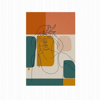 Abstract line art of a face with geometric shapes in orange, green, and brown on a white background