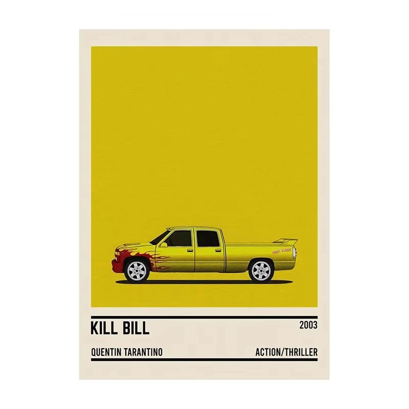 Poster of a yellow truck with 'Kill Bill' text on a yellow background