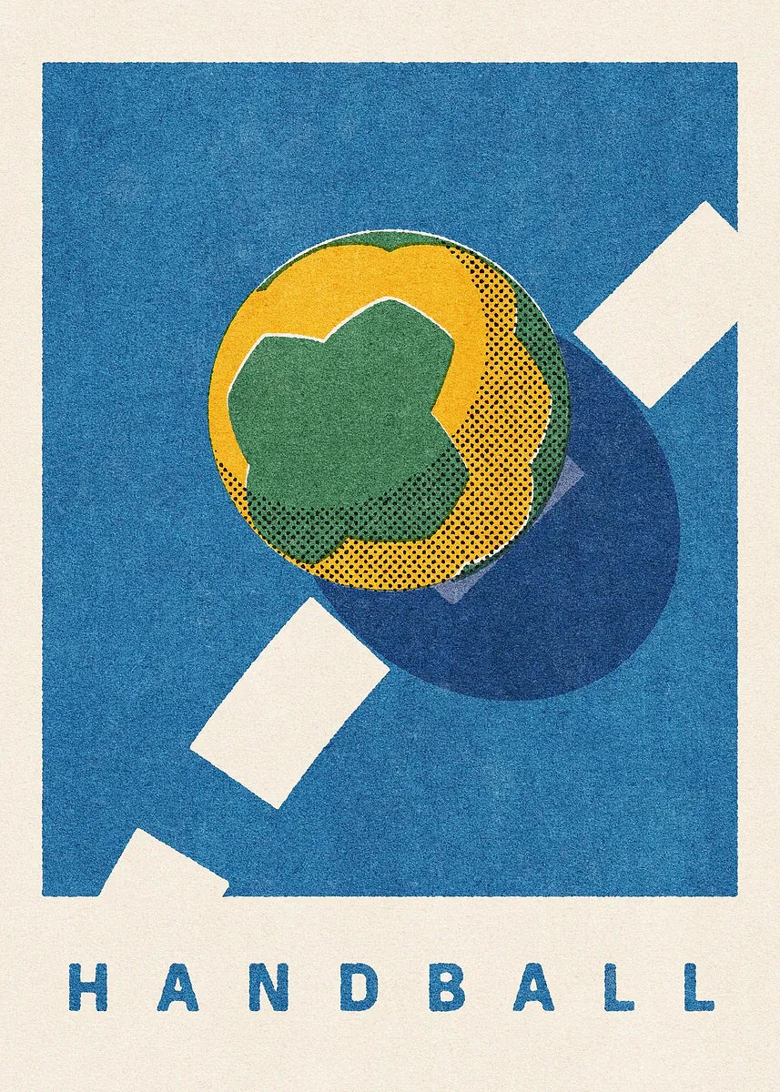 Abstract design of a handball with blue, yellow, and green colors on a blue background.
