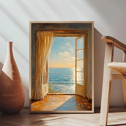 Framed artwork of an open door leading to a beach scene, placed on a wooden floor with a vase and chair. Canvas & Curio