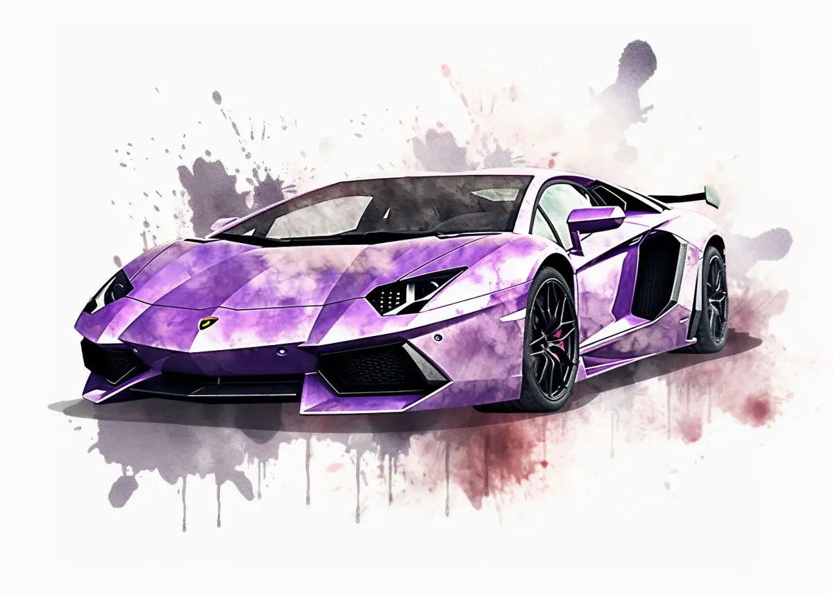 Purple sports car with artistic watercolor background