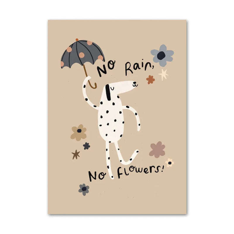 Cartoon dalmatian dog with an umbrella on a beige background with flowers and text.