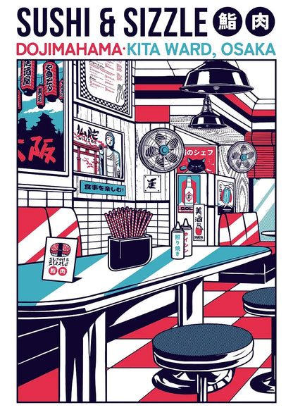 Illustration of a sushi restaurant interior with text indicating location in Osaka, Japan.