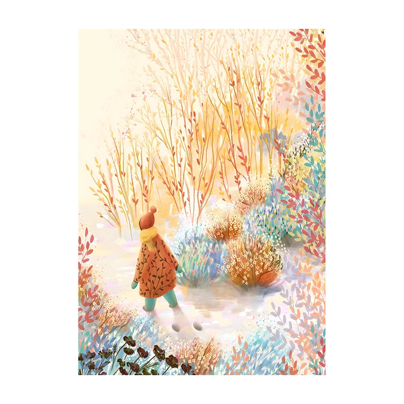 Illustration of a person in a winter coat standing in a snowy landscape with trees and flowers.