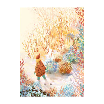 Illustration of a person in a winter coat standing in a snowy landscape with trees and flowers.