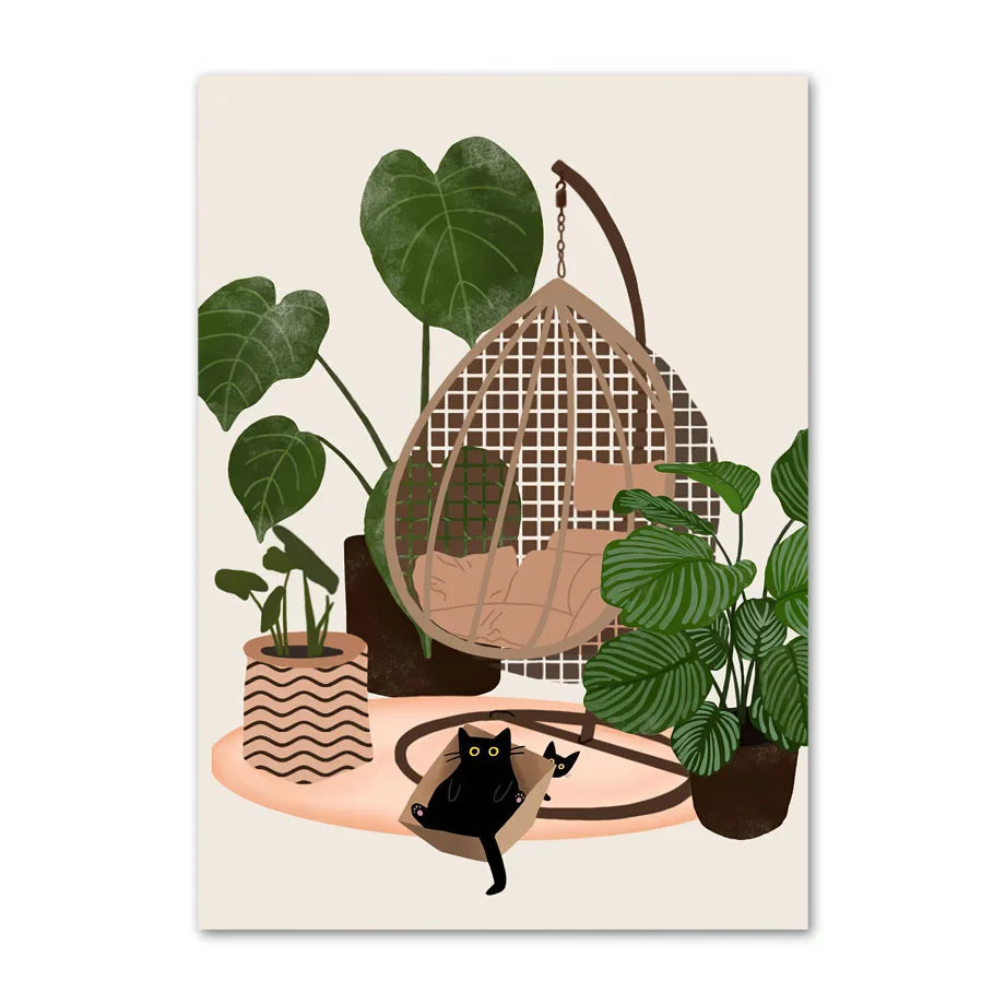 Illustration of a black cat in a hammock surrounded by potted plants on a beige background