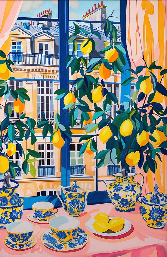 Colorful painting of a lemon tree with lemons, a table set with blue and yellow teacups, and a view of a building through a window.
