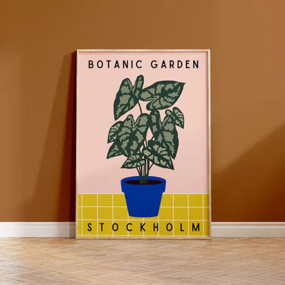 Poster of a plant with 'Botanic Garden Stockholm' text on a pink background