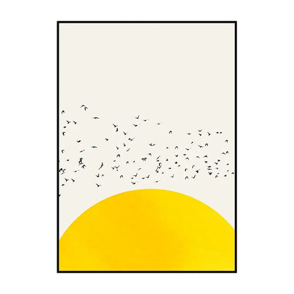 Framed artwork with a yellow half-circle and black bird illustrations on a white background