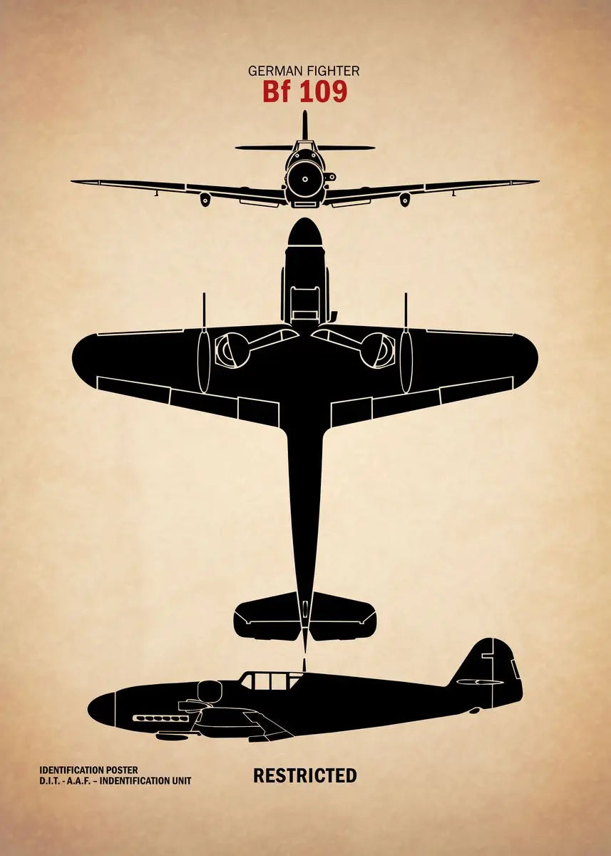 Diagram of a German fighter plane Bf 109 on a beige background