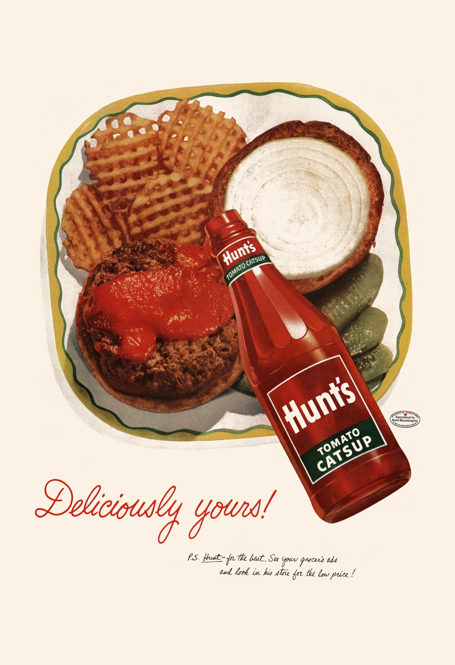 Vintage advertisement for Hunt's tomato catsup with a hamburger and chips on a plate.