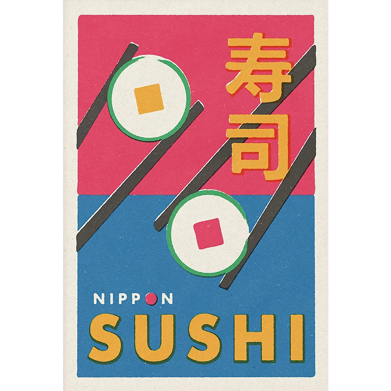 Sushi-themed poster with Japanese text and colorful design on a white background