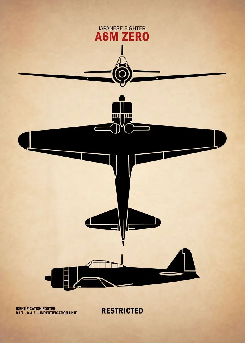 Diagram of a Japanese fighter aircraft A6M Zero on a beige background