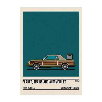 Poster of a classic car with text about 'Planes, Trains and Automobiles' on a blue and beige background