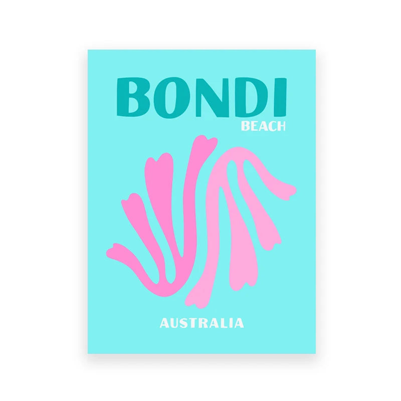 Poster with 'Bondi Beach, Australia' text on a light blue background