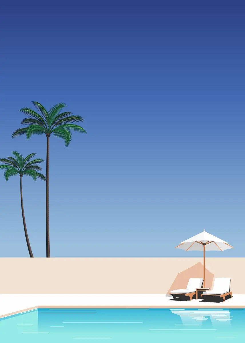 Pool area with lounge chairs, umbrella, and palm trees under a clear blue sky.