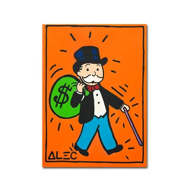 Cartoon character holding a money bag with a dollar sign on an orange background, signed 'Alec'.