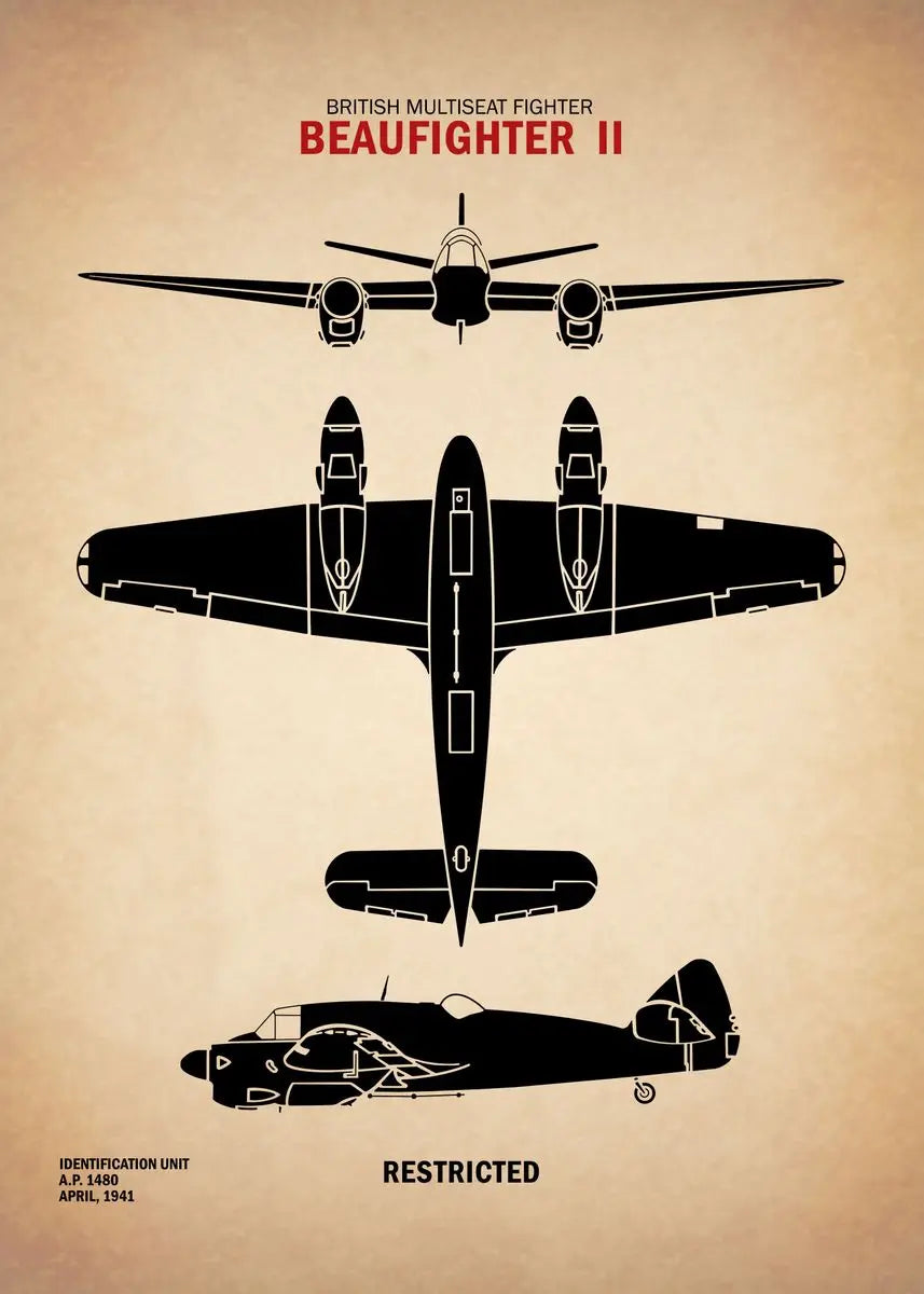 Illustration of a British multi-seat fighter aircraft Beaufighter II on a beige background.