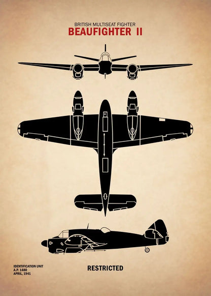 Illustration of a British multi-seat fighter aircraft Beaufighter II on a beige background.