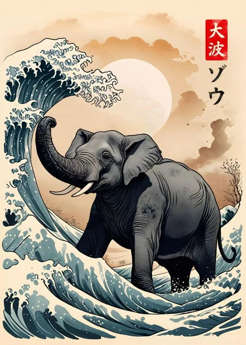 Elephant in a wave with Japanese text and design elements Canvas & Curio