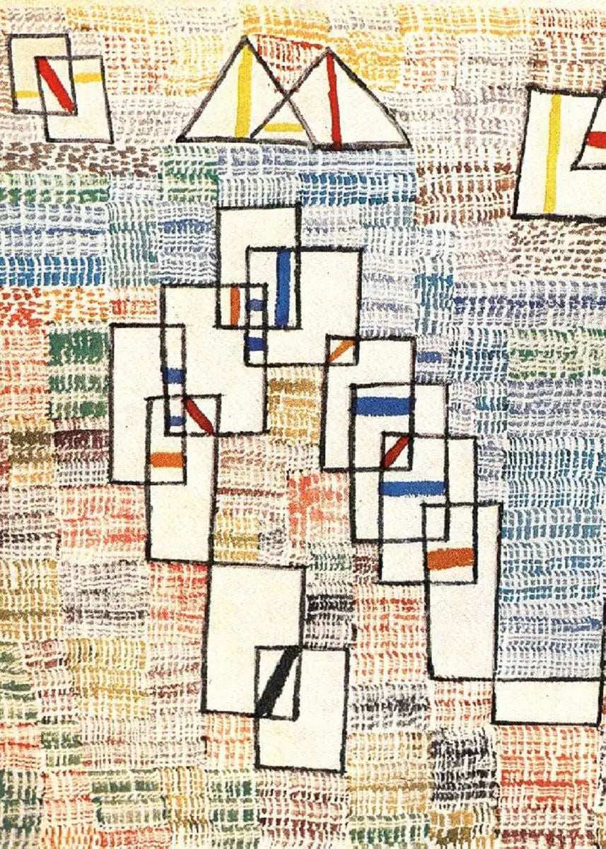 Abstract art piece with geometric shapes and patterns on a textured background