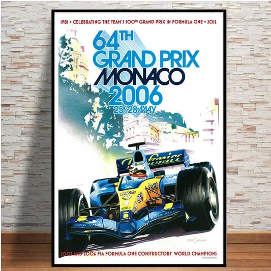Poster for the 64th Grand Prix Monaco 2006 featuring a Formula One car on a wooden floor with a stone wall background. Canvas & Curio