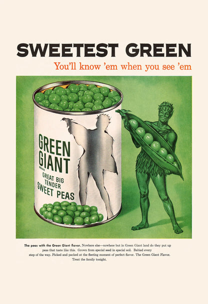 Vintage advertisement for Green Giant sweet peas with a character holding a can of peas.