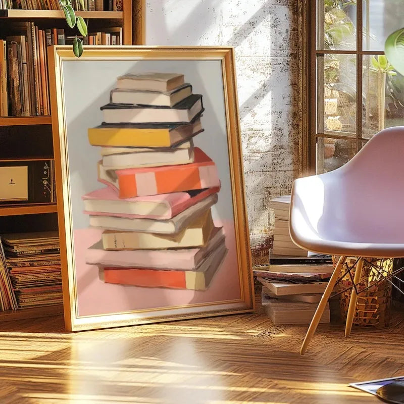 Framed artwork of stacked books on a wall in a room with a bookshelf and chair.