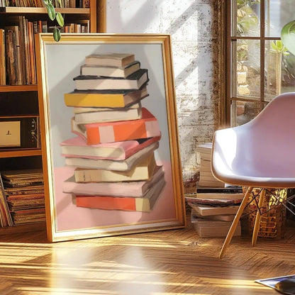 Framed artwork of stacked books on a wall in a room with a bookshelf and chair.