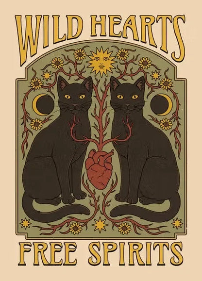 Decorative poster with two black cats, a heart, and celestial elements on a beige background.