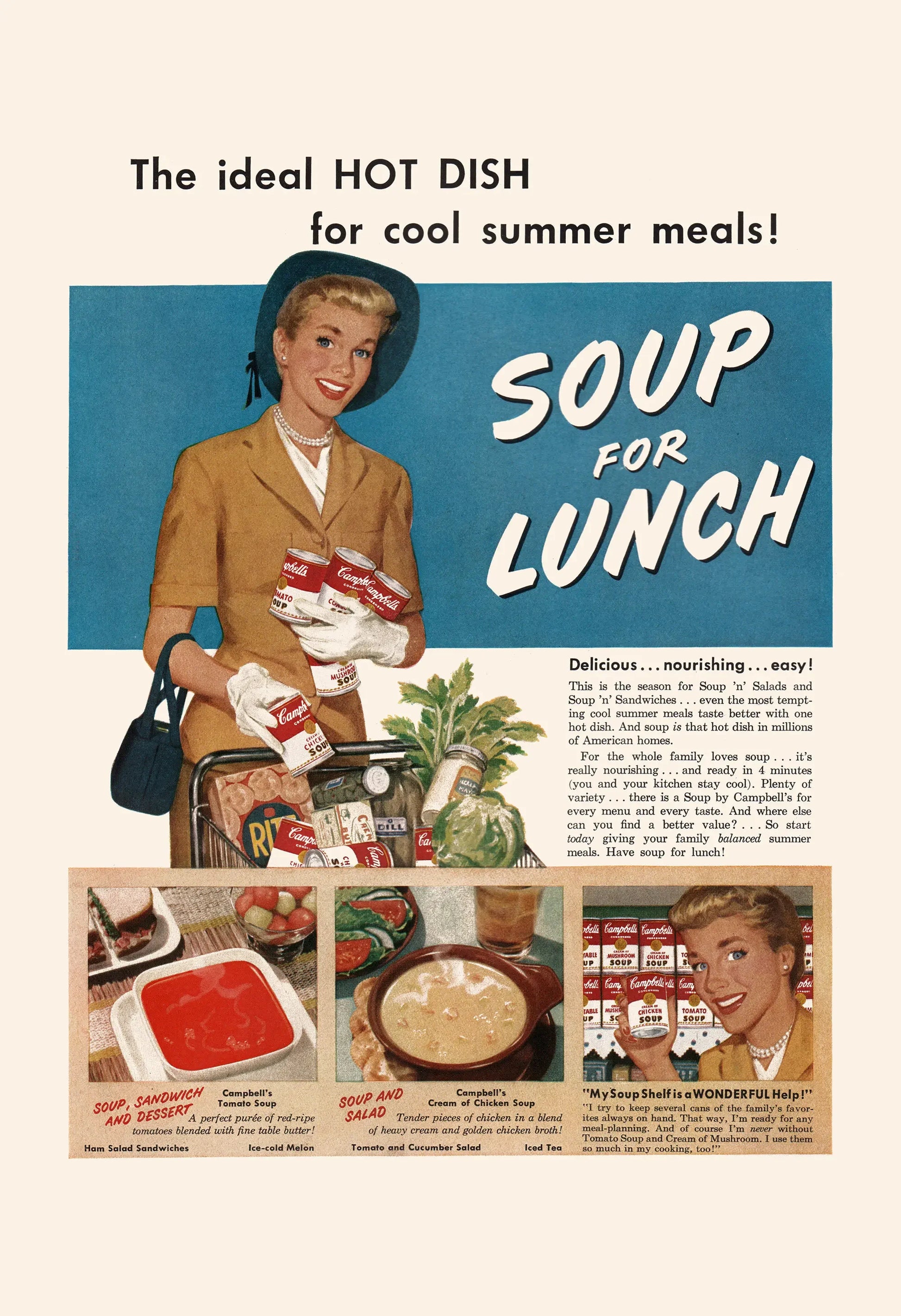 Vintage advertisement for soup, featuring a woman with shopping cart and food items, with text about soup for lunch.