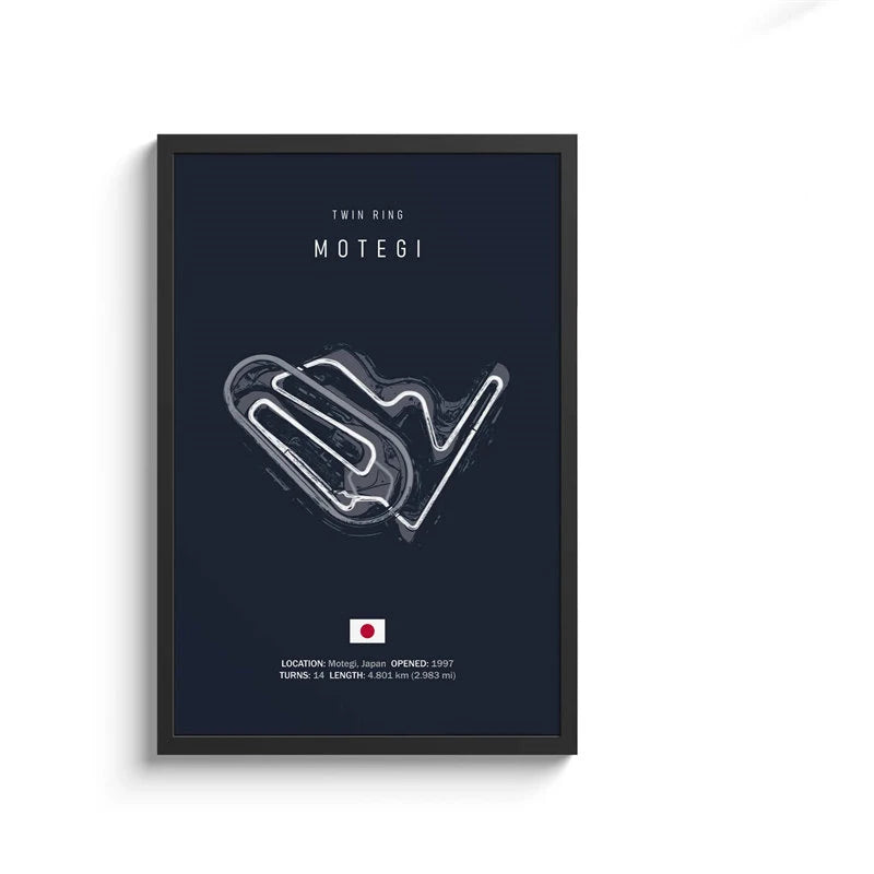 Framed poster of a race track layout with text on a dark blue background