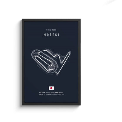 Framed poster of a race track layout with text on a dark blue background