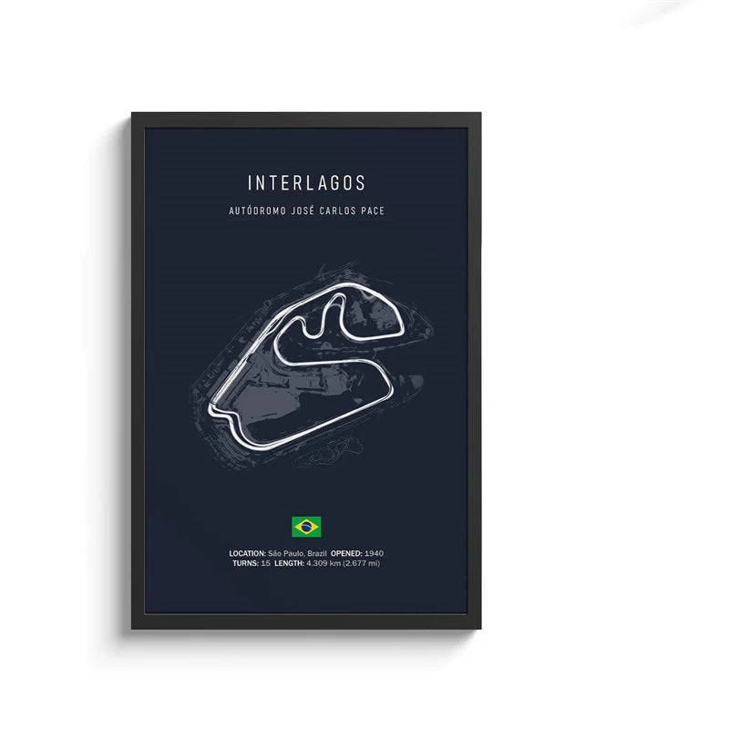 Framed poster of Interlagos race track layout with Brazilian flag on a dark blue background