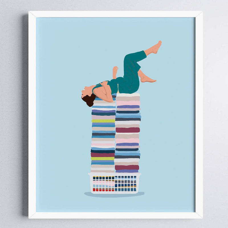 Illustration of a person lying on top of a stack of colorful folded clothes against a light blue background.