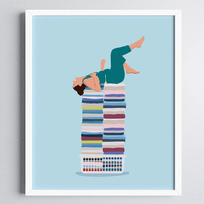 Illustration of a person lying on top of a stack of colorful folded clothes against a light blue background.