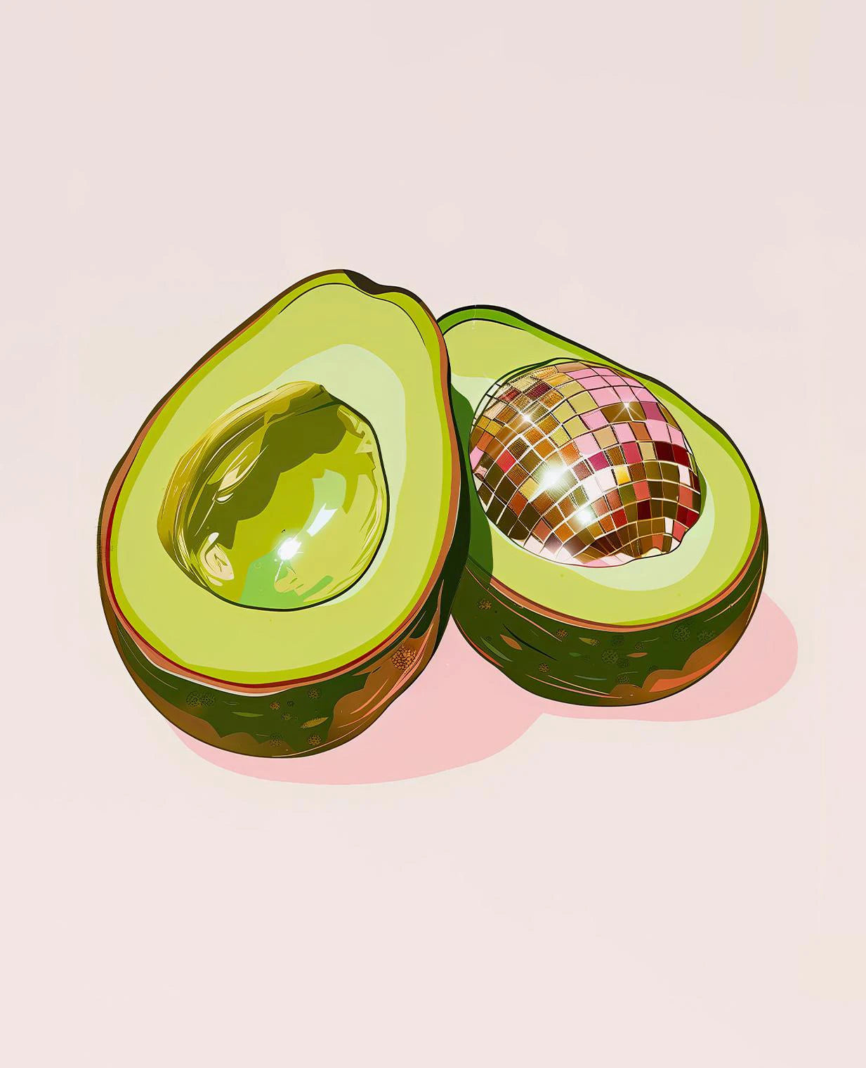 Illustration of an avocado with a disco ball inside on a light pink background