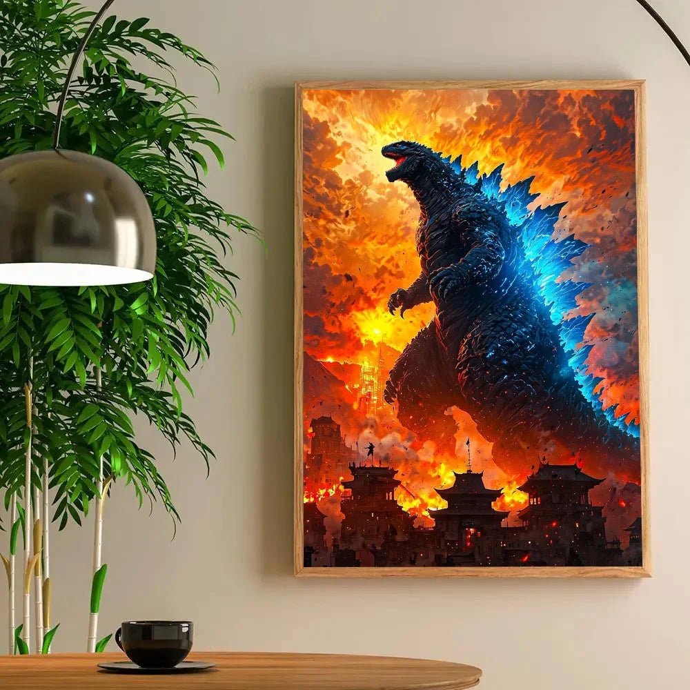 Framed artwork of a dragon-like creature with fiery background on a wall above a table with a cup.