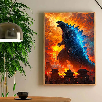 Framed artwork of a dragon-like creature with fiery background on a wall above a table with a cup.