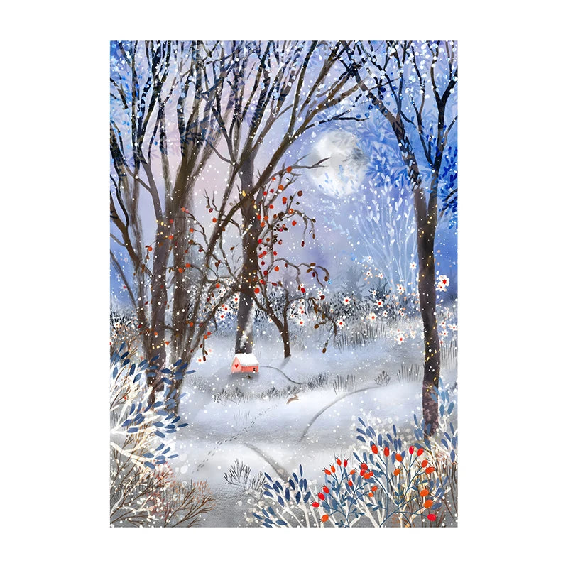 Winter scene with snow-covered trees and a moonlit sky.