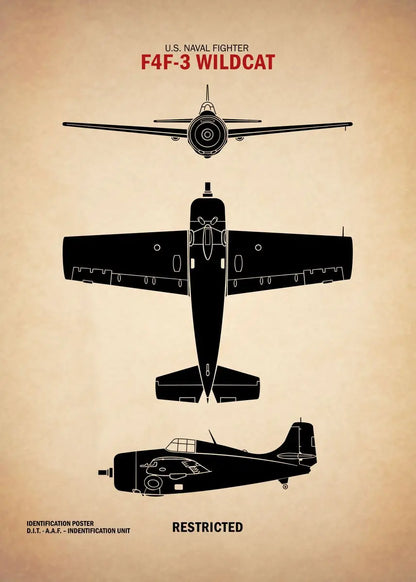 Black silhouette of a U.S. Naval Fighter F4F-3 Wildcat on a beige background