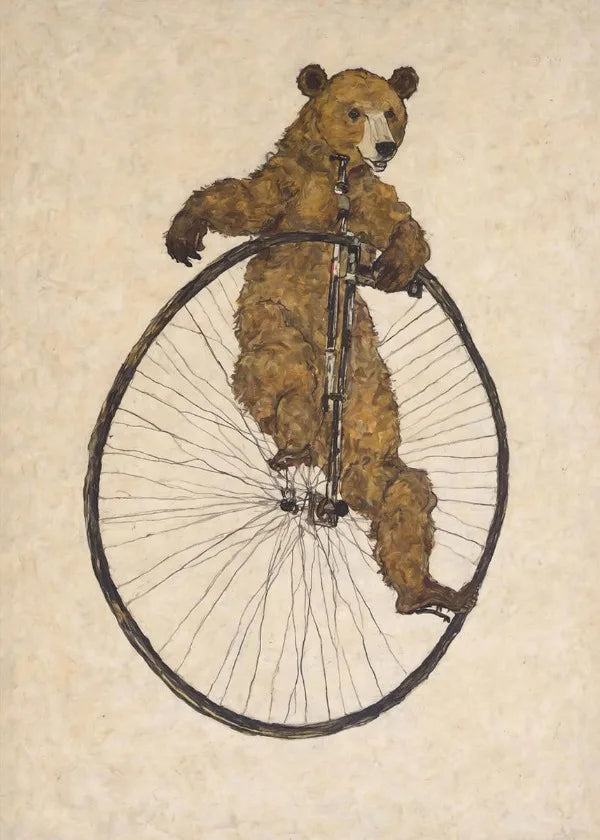 Illustration of a bear riding a penny-farthing bicycle on a textured beige background