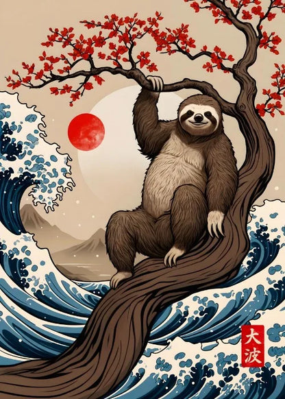 Sloth sitting on a wave with cherry blossoms in the background