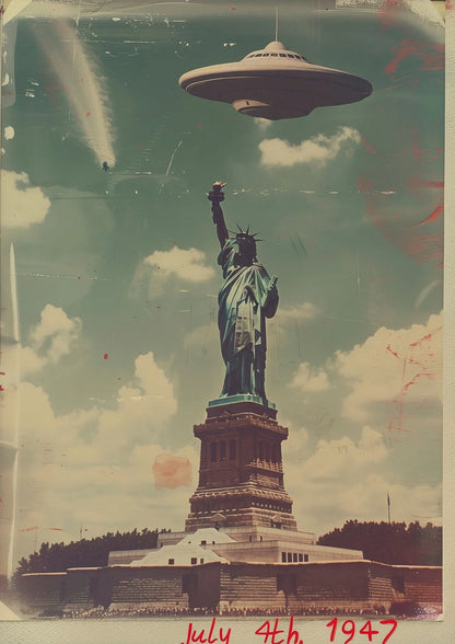 Statue of Liberty with a UFO flying overhead, 1947 vintage effect
