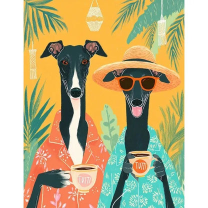 Two dogs in colorful outfits with coffee cups against a yellow background with green leaves.
