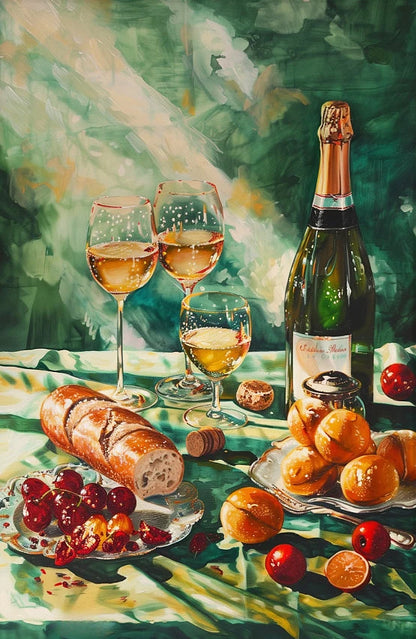 Still life painting with wine glasses, a bottle, bread, fruits, and a jar on a tablecloth.