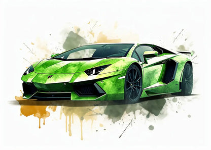 Green sports car on a white background with artistic splashes