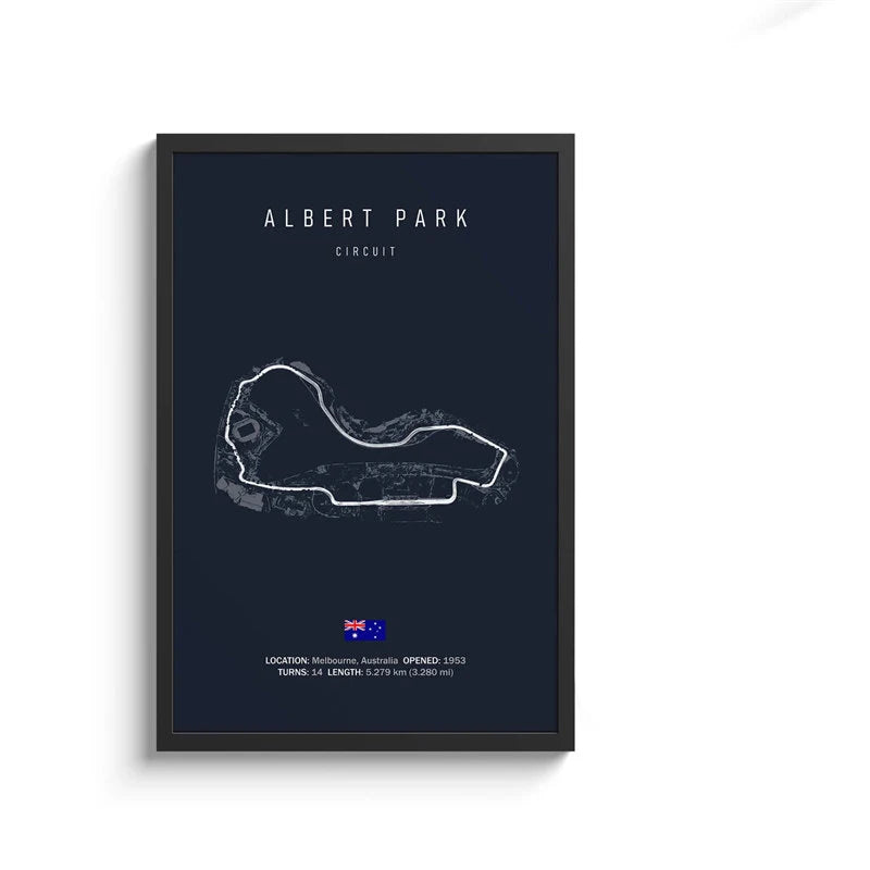 Framed poster of Albert Park Circuit with a dark blue background and white outline.