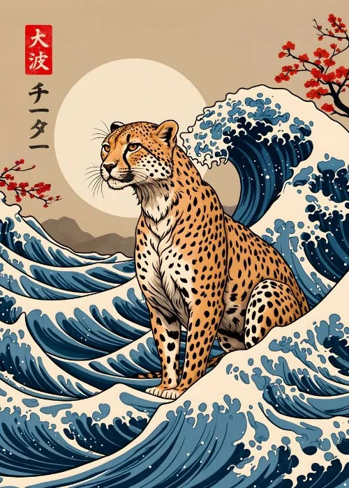 Leopard on waves with cherry blossoms and Japanese text